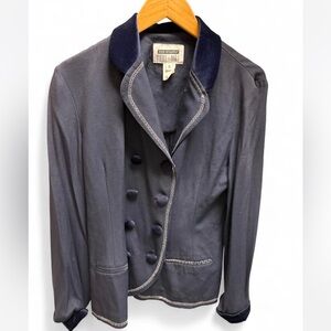 Vintage Dark Blue Double-Breasted Blazer with Velvet Trim